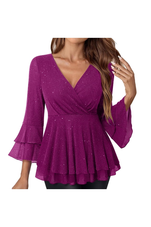 3/4 Length Sleeve Womens Top Summer Wrap V Neck Double Layers Tshirt 3/4 Flared Sleeve Tunic Tops Evening Party Blouses