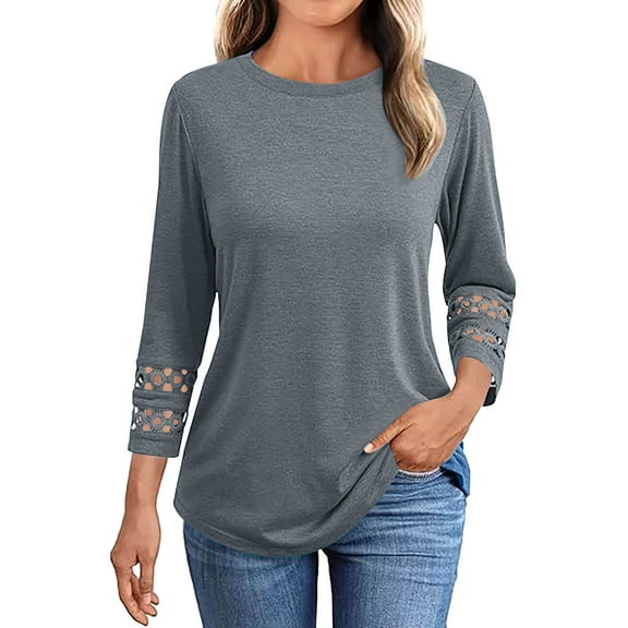 Hvyesh 3/4 Length Sleeve Womens Tops Casual Hollow Out Blouses Trendy Crew Neck Solid T Shirts