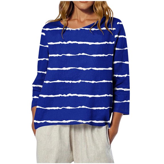 Hvyesh 3/4 Length Sleeve Womens Tops Spring Crewneck Tunic Tops Fashion Stripe Vacation Blouses Dressy Going Out Tops