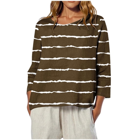 Hvyesh 3/4 Length Sleeve Womens Tops Spring Crewneck Tunic Tops Fashion Stripe Vacation Blouses Dressy Going Out Tops