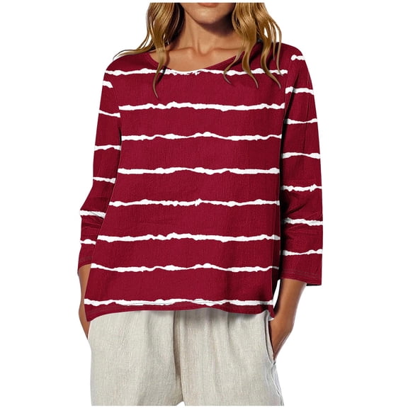 Hvyesh 3/4 Length Sleeve Womens Tops Spring Crewneck Tunic Tops Fashion Stripe Vacation Blouses Dressy Going Out Tops