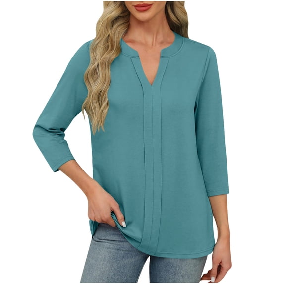 Hvyesh 3/4 Length Sleeve Womens Tops V Neck Pleated Work Blouses Dressy Casual Summer Solid Tops 2026