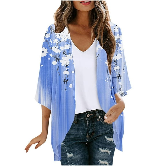 Hvyesh 3/4 Sleeve Cardigan for Women Plus Size Open Front Cardigans Trendy Floral Print Chiffon Cover Up Tops