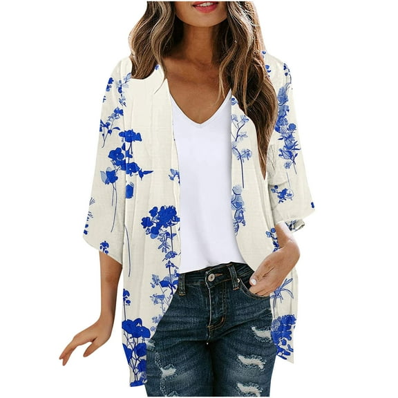 Hvyesh 3/4 Sleeve Cardigan for Women Summer Open Front Cardigan Boho Floral Print Kimono Cardigan Loose Cover Up Casual Blouse Tops