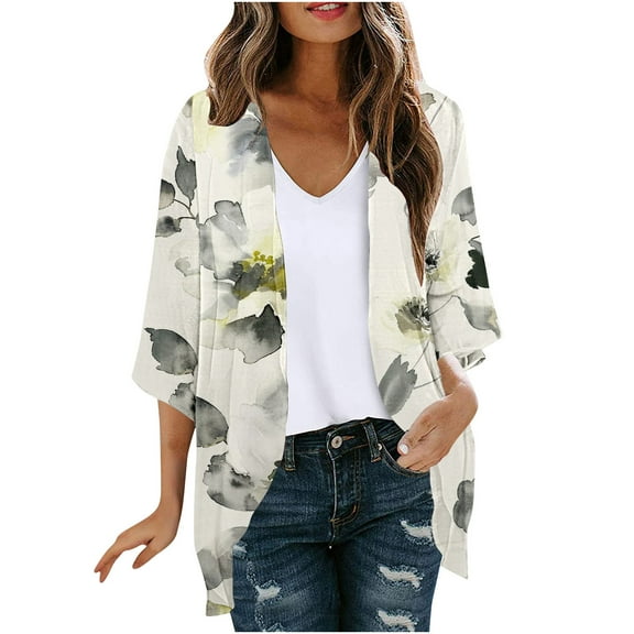 Hvyesh 3/4 Sleeve Cardigan for Women Summer Open Front Cardigan Boho Floral Print Kimono Cardigan Loose Cover Up Casual Blouse Tops