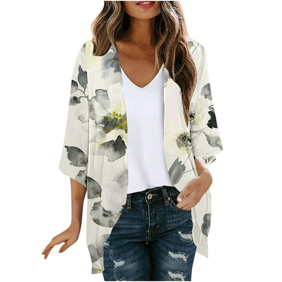 Hvyesh 3/4 Sleeve Cardigan for Women Summer Open Front Cardigan Boho Floral Print Kimono Cardigan Loose Cover Up Casual Blouse Tops