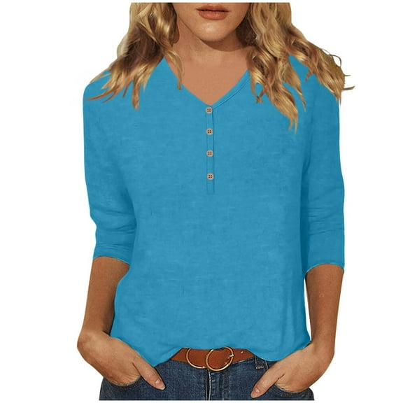 Hvyesh 3/4 Sleeve Tops for Women Button V Neck Tunic Shirts Loose Fit Solid Tshirt Basic Fit Going Out Blouses
