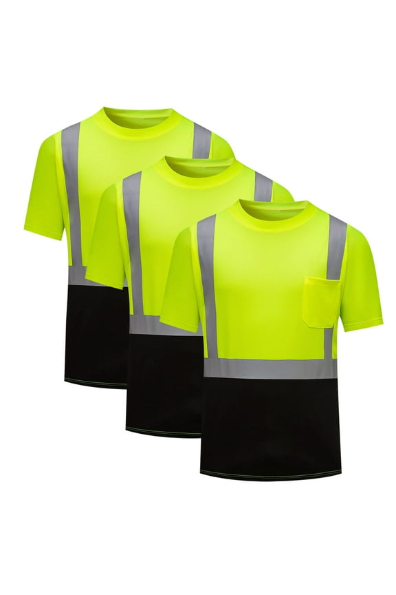 3 Pack High Visibility Reflective Safety Shirts for Men Reflective Mesh Dry Quickly T Shirts & Reflective Strip Sanitation Work Clothes Short-Sleeved Round Neck Top with Pockets