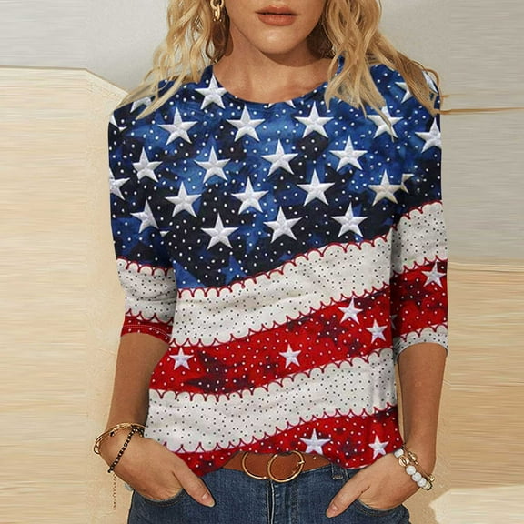 Hvyesh 4th of July 3/4 Sleeve Tshirt Womens Stare Print Plus Size Top Casual Crew-Neck 3/4 Sleeve Blouse Summer Patriotic Shirts 2025