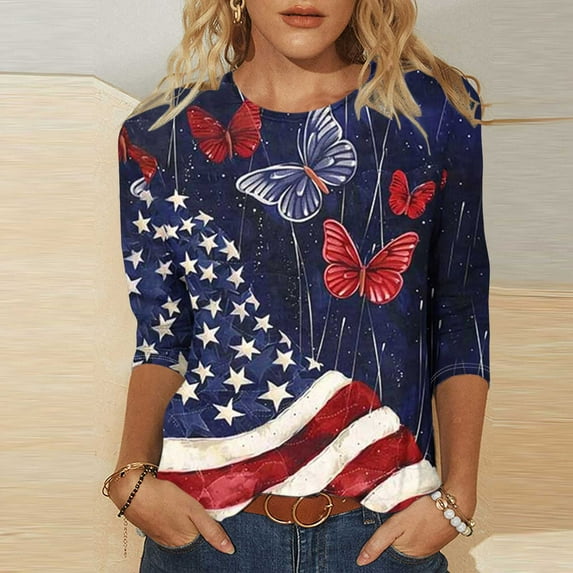 Hvyesh 4th of July Shirts Women,Stars Stripes Graphic Tees 3/4 Sleeve Independence Day Patriotic American Flag Shirt 2025