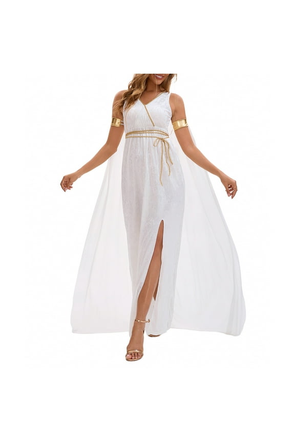 Ancient Greek Goddess Costume,White Velvet Maxi Dress Roman Toga Style Halloween Cosplay Gown