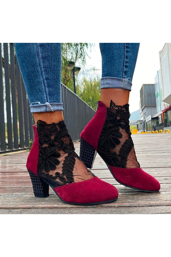 Ankle Boots for Women Short Boots Sheer Lace and Suede Chunky Block Mid Heel Back Zipper Lace Mesh Boots