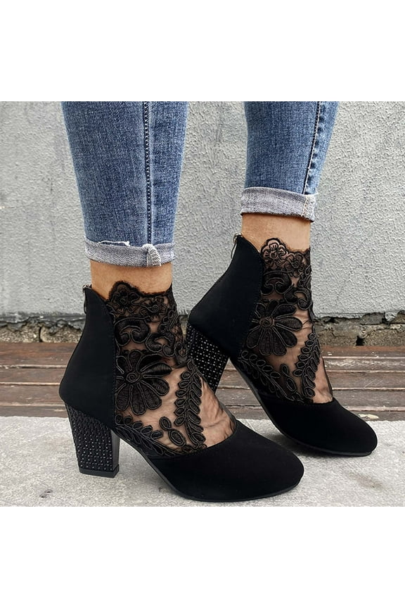 Ankle Boots for Women Short Boots Sheer Lace and Suede Chunky Block Mid Heel Back Zipper Lace Mesh Boots