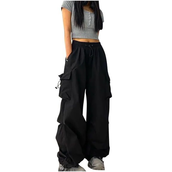 Hvyesh Baggy Parachute Pants for Women Drawstring Elastic High Waist Ruched Cargo Pants Multiple Pockets Jogger Y2K Pants