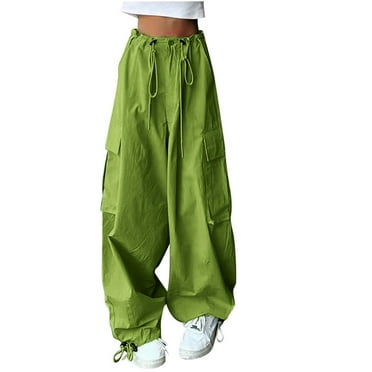 Hvyesh Baggy Parachute Pants for Women Drawstring Elastic High Waist Ruched Cargo Pants Multiple Pockets Jogger Y2K Pants