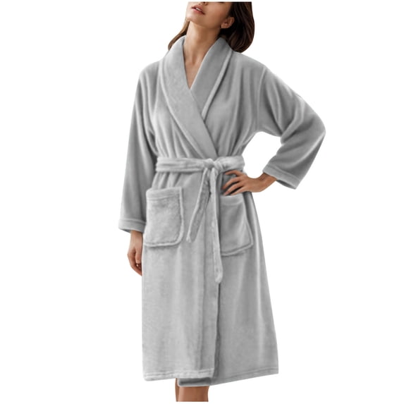 Hvyesh Bathrobe for Women Flannel Pajamas Bathrobes Couple Belted Soft Bath Robes Plush Kimono Robe with Pockets Fall Winter Spa Robes