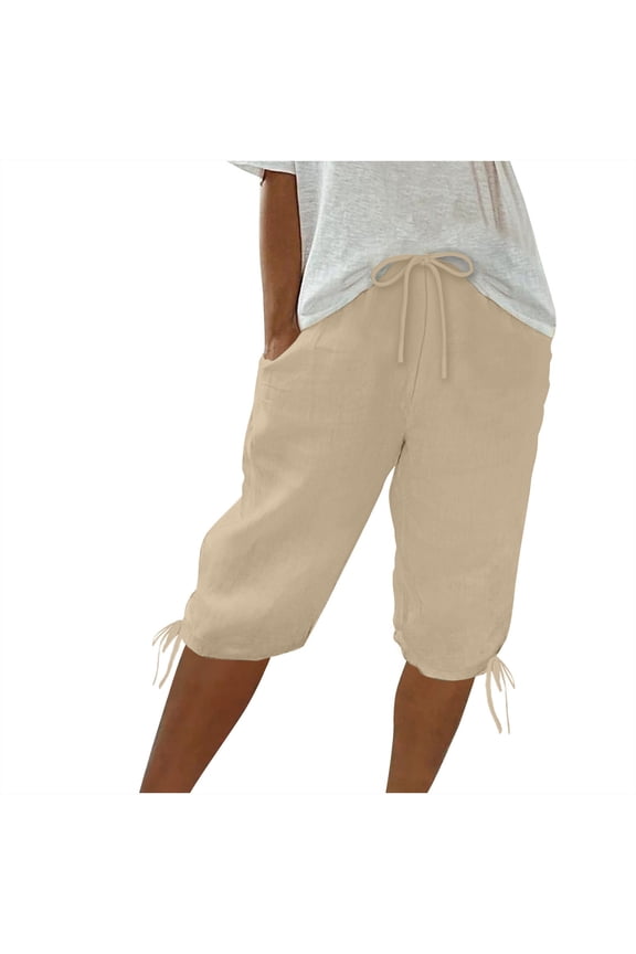 Bermuda Shorts for Women Knee Length Cotton Linen Pants Elastic Waist Drawstring Shorts Summer Capris Pants with Pockets
