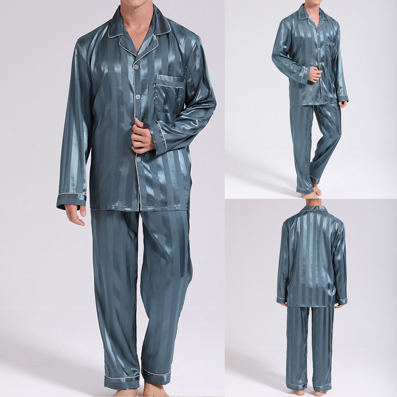 Hvyesh Big and Tall Pajamas Set for Men Button Down Silk Long Sleeve 2 Piece Sets Loungewear Pjs,2025 Spring Summer Striped Satin Pajamas Sleepwear Suit with Pockets