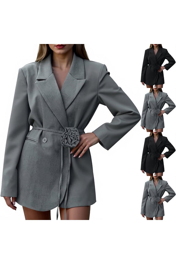 Blazer for Women Lapel Long Sleeve Jackets Office Wrap Blazer Jacket Open Front Notch Lapel Business Work Blazer Coat with Belt
