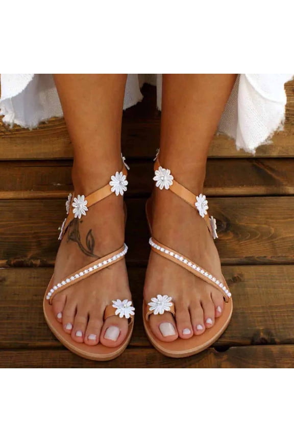 Boho Sandals for Women Dressy Summer, Summer Lace Flower Open Toe Casual Shoes Flats Comfortable Roman Sandals Size 6.5