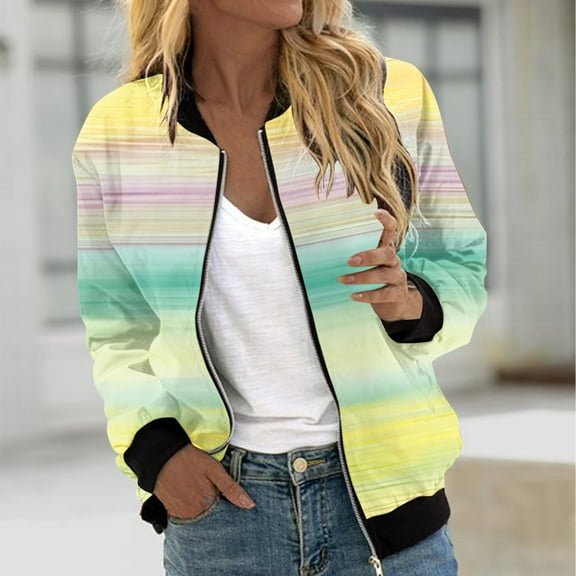 Hvyesh Bomber Jacket Women Causal Tie Dye Print Zip Up Coats Long Sleeve Stand Collar Fall Jackets Lightweight Outerwear Tops Yellow
