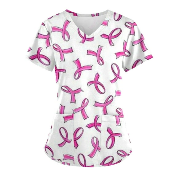 Hvyesh Breast Cancer Scrub Tops Women Comfortable Lightweight Durable Soft Stretch Flower Printed V-Neck Medical Scrub Top