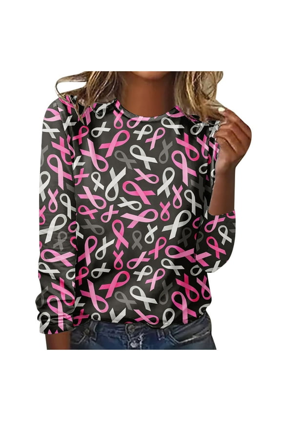 Cancer Tshirt for Women Pink Cancer Survivor T-Shirts 2025 Fall Long Sleeve Breast Cancer Awareness Tshirt Pullover T-Shirts