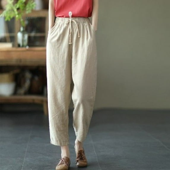 Hvyesh Capri Pants Women Plus Size Summer Drawstring Elastic Waist Linen Pant Lightweight Casual Cropped Trouser