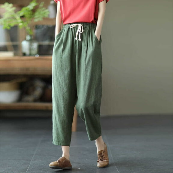 Hvyesh Capri Pants Women Plus Size Summer Drawstring Elastic Waist Linen Pant Lightweight Casual Cropped Trouser