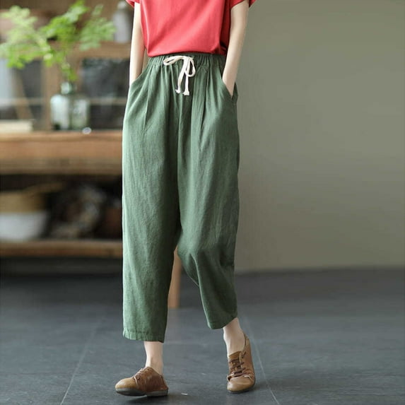 Hvyesh Capri Pants Women Plus Size Summer Drawstring Elastic Waist Linen Pant Lightweight Casual Cropped Trouser Green,M
