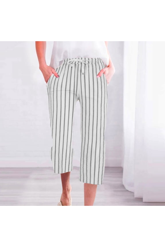 Capri Pants for Women Summer Casual Lounge Pants Cropped Cotton Linen Comfy Drawstring Baggy Trousers with Pockets
