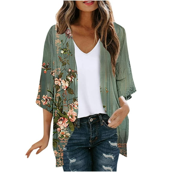 Hvyesh Cardigan for Women Dressy 3/4 Sleeve Floral Print Chiffon Cardigan Loose Casual Open Front Cover Ups