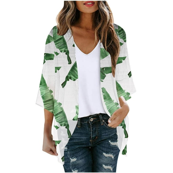 Hvyesh Cardigan for Women Dressy 3/4 Sleeve Floral Print Chiffon Cardigan Loose Casual Open Front Cover Ups