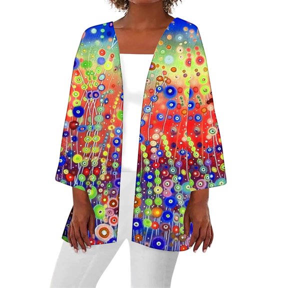 Hvyesh Cardigan for Women Floral Print Kimono Cardigan Soft Draped Ruffles 3/4 Sleeve Cardigan Loose Casual Open Front Cover Ups