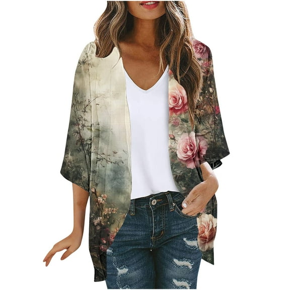 Hvyesh Cardigan for Women Summer Lightweight Floral Print Cardigans 3/4 Sleeve Open Front Casual Cover Ups