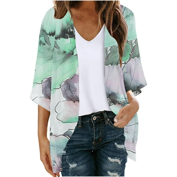 Hvyesh Cardigans for Women Summer Half Sleeve Kimono Cardigan Classic Fit Open Front Print Cardigan Blouse Top