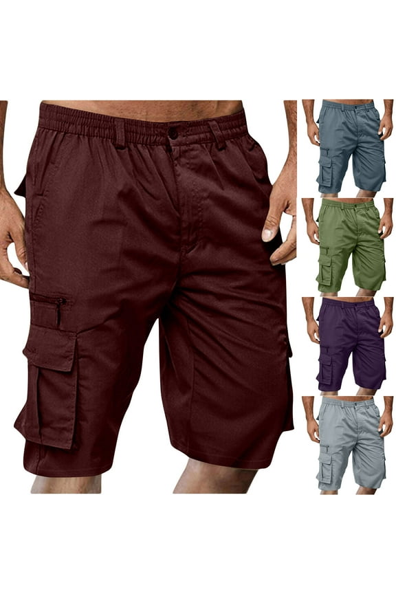 Cargo Shorts for Men Stretch Waist Outdoor Hiking Shorts Lightweight Button Elastic Waisted Fishing Hunting Shorts Multi Pockets Bermuda Shorts