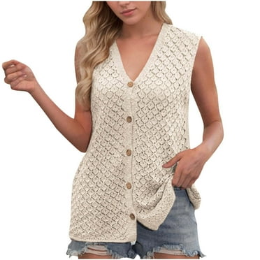 Hvyesh Casual Cropped Crochet Cardigan Sweaters for Women Trendy Summer V Neck Sleeveless Sweater Vest Button Up Cardigans