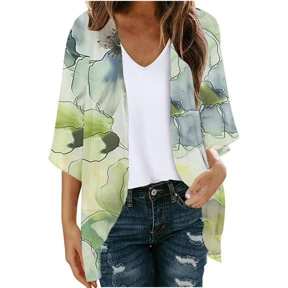 Hvyesh Chiffon Cardigan for Women Open Front Kimono Cardigan Lightweight Summer Cardigans Loose Casual Floral Print Cover Ups