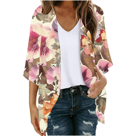 Hvyesh Chiffon Cardigan for Women Open Front Kimono Cardigan Lightweight Summer Cardigans Loose Casual Floral Print Cover Ups