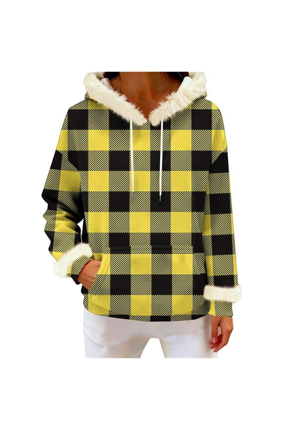 Christmas Plaid Hoodies for Women Faux Fur Trim Hooded Sweatshirts Drawstring Holiday Pullover Tops with Kangaroo Pocket