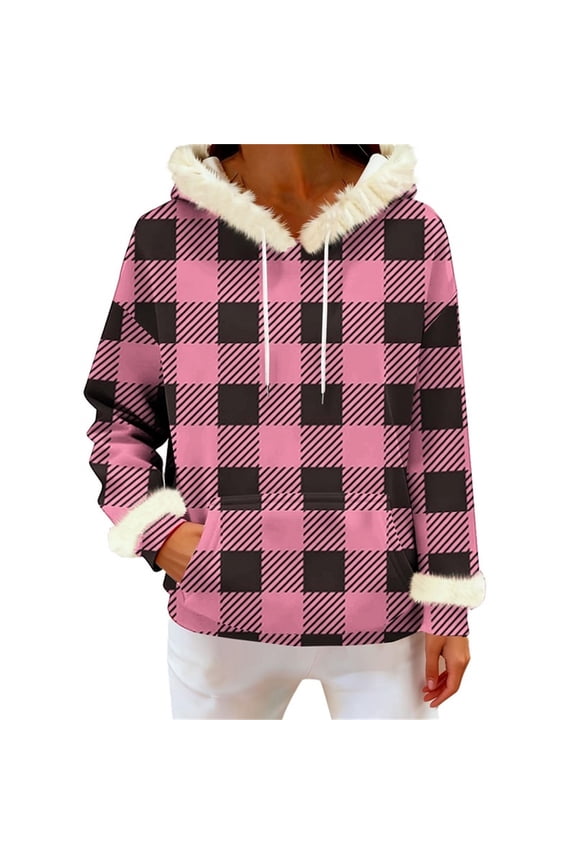 Christmas Plaid Hoodies for Women Faux Fur Trim Hooded Sweatshirts Drawstring Holiday Pullover Tops with Kangaroo Pocket