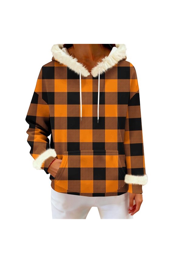 Christmas Plaid Hoodies for Women Faux Fur Trim Hooded Sweatshirts Drawstring Holiday Pullover Tops with Kangaroo Pocket
