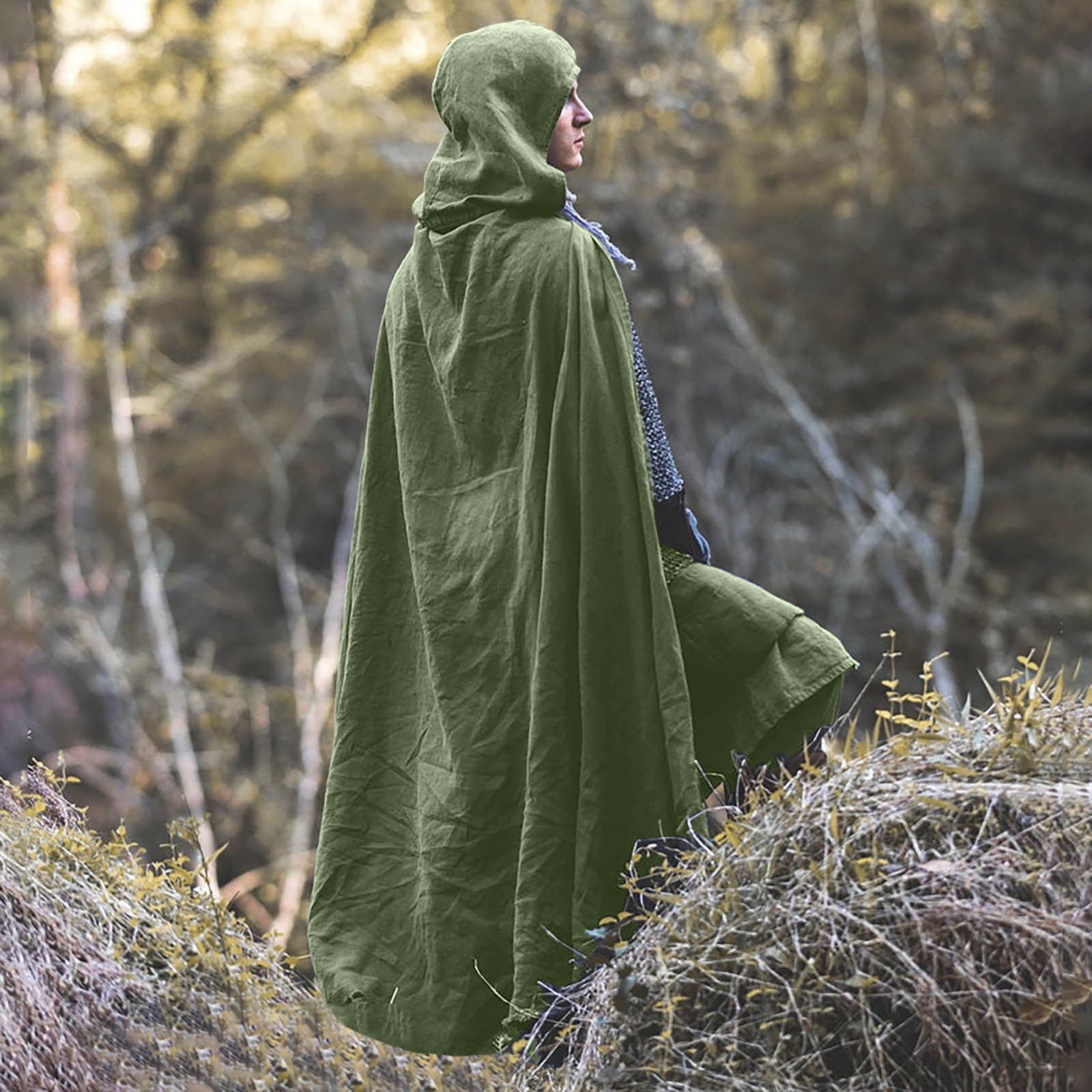 Green leaf pattern cloak（ロングマント） Hvyesh Men's Medieval Cotton Linen Hooded Cloak, Casual