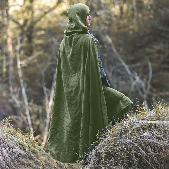 Hvyesh Men's Cotton Linen Cloak Medieval Retro Hooded Capes Casual Party Performance Cape Vintage Gothic Cloaks Stage Outfits Army Green Free