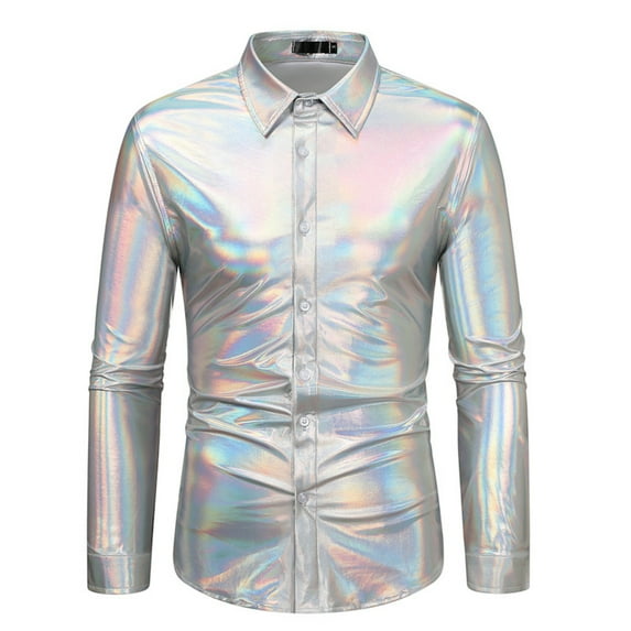 Hvyesh Men's Shiny Dress Shirts 2024 Slim Fit Long Sleeve T Shirts Modern Luxury Silk Satin Button Down Shirts 70s Metallic Disco Shirt Performance Tops