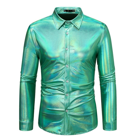Hvyesh Clearance Men's Shiny Dress Shirts 2024 Clearance Slim Fit Long Sleeve T Shirts Modern Luxury Silk Satin Button Down Shirts 70s Metallic Disco Shirt Performance Tops