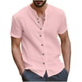 thumbnail image 1 of Hvyesh Mens Cuban Guayabera Linen Shirts Solid Casual Button Down Shirts Retro Short Sleeve Band Collar Beach Shirts Summer Vacation Tops Pink,S, 1 of 6