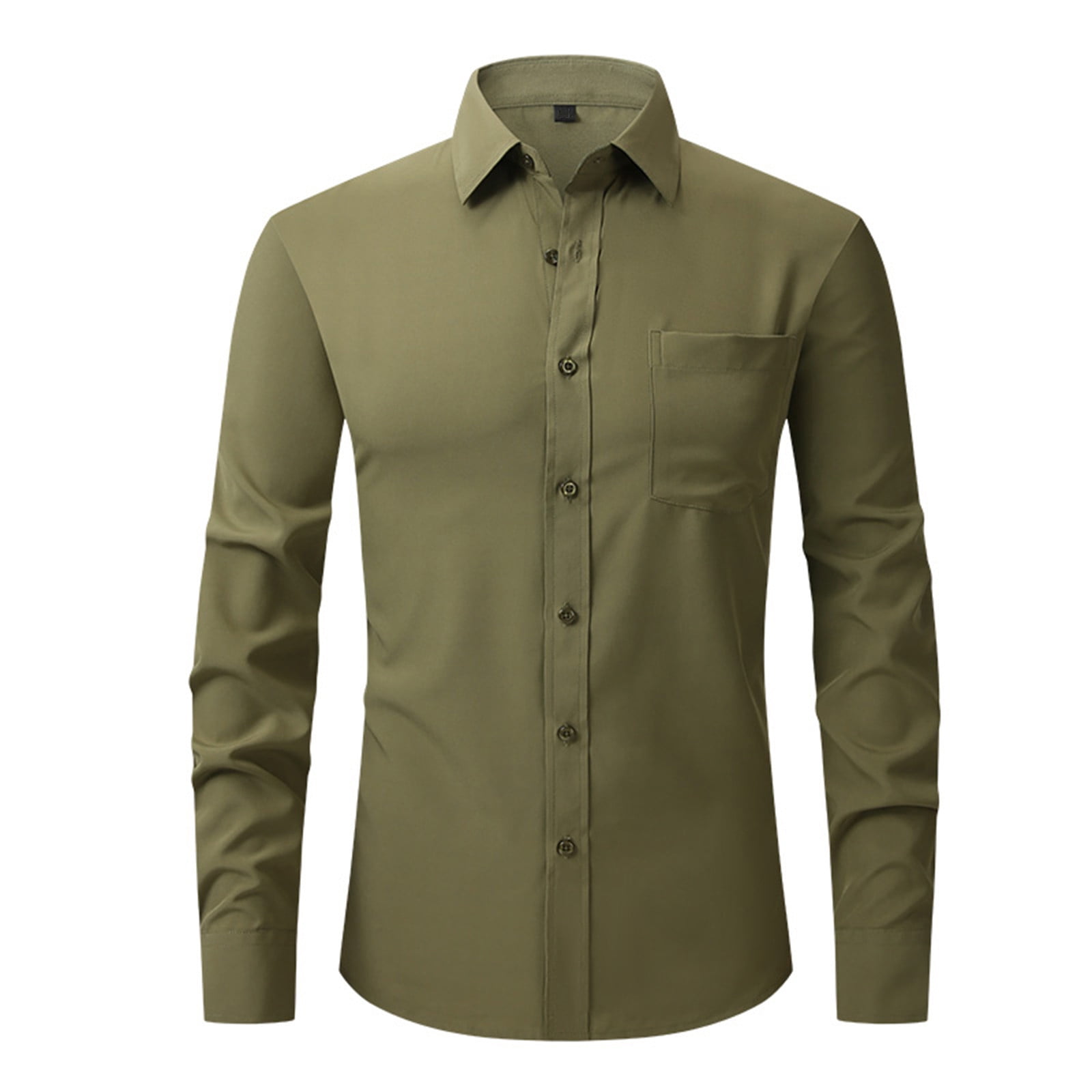 khaki green dress shirt Men's Olive Green Casual Button Up Long Sleeve Shirt Size M - New