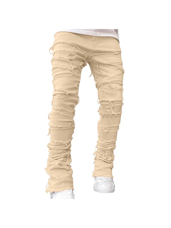 TrendyCargo Pants for Men 2025,Skinny Fit Distressed Pants Straight Leg Stacked Jeans Vintage Destroyed Denim Pants with Patch Design Hip Hop Streetwear Khaki